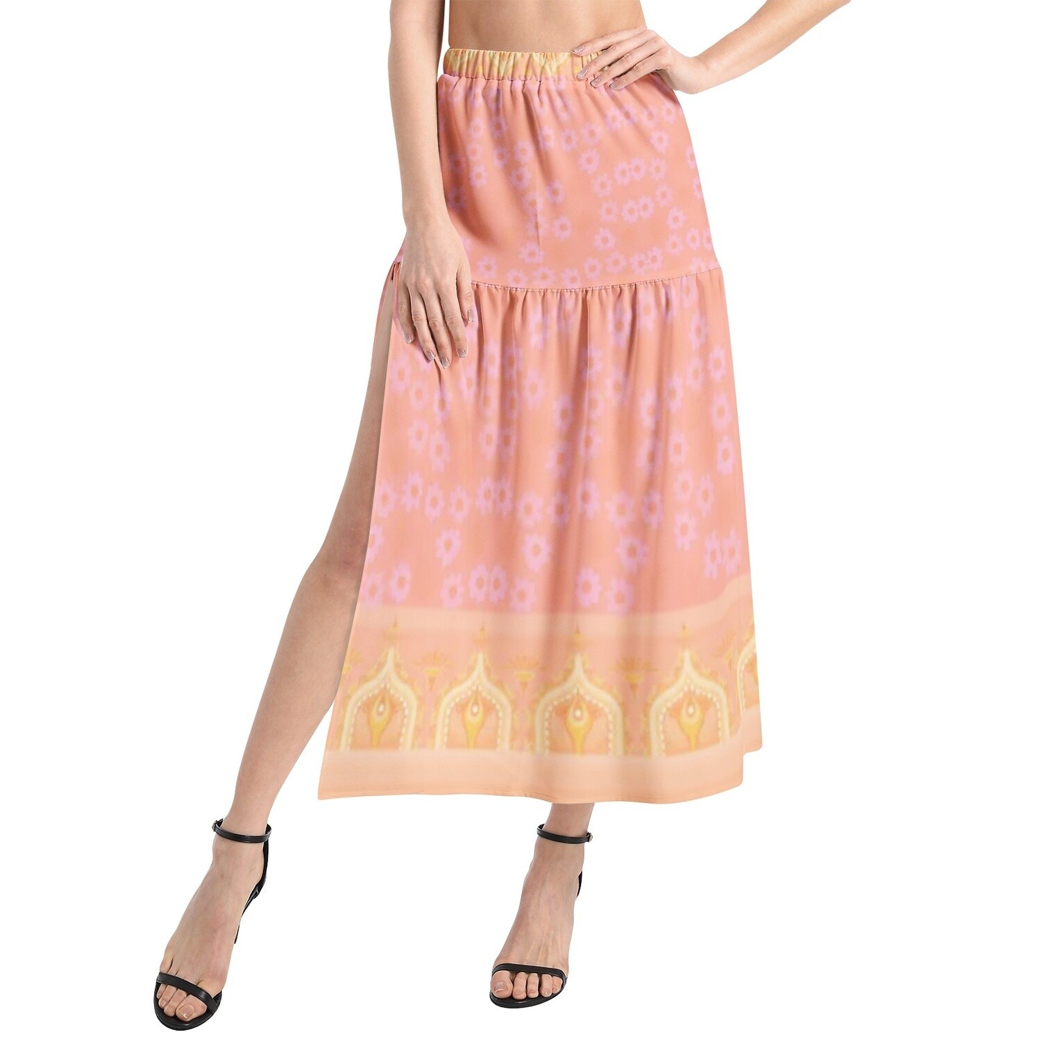 OLINA Elastic Waist Ruffle Slit Hem Skirt, Peach