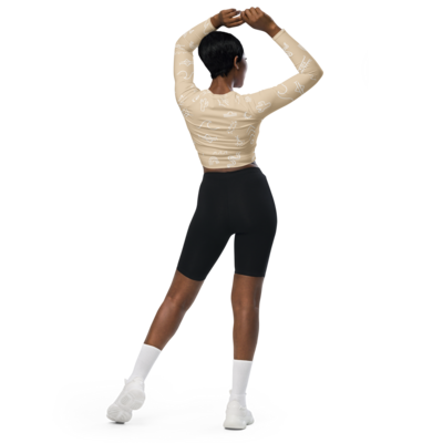 TROPICAL ELEMENTS Recycled Long-sleeve Crop Top, Ecru Beige