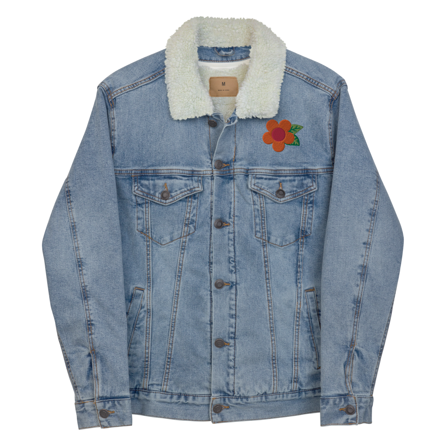 ALOHA Flower Embroidered Denim Sherpa Jacket