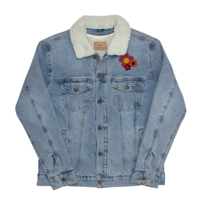 LOU Flower Embroidered Denim Sherpa Jacket