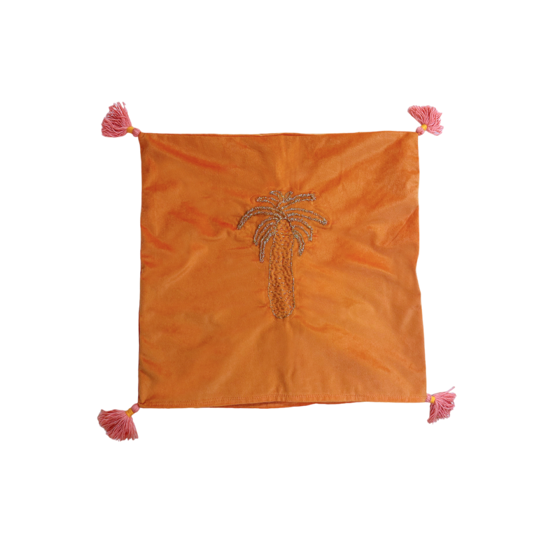AYA Gold Embroidered Palm Tree Tassel Pillow Case