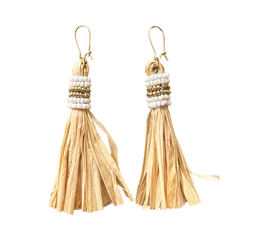 TITI Bead Embroidered Raffia Tassel Earrings