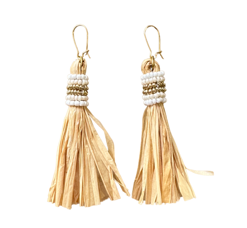 TITI Bead Embroidered Raffia Tassel Earrings