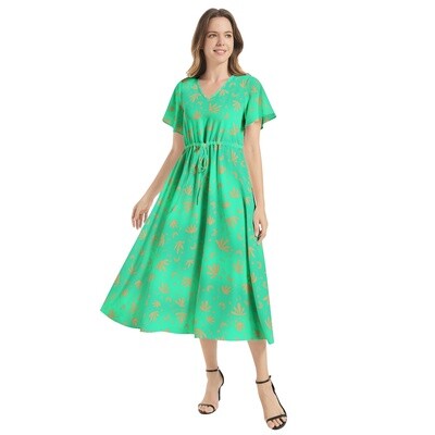 CHELSEA Flutter Sleeve Drawstring Waist Flared Dress, Aquamarine