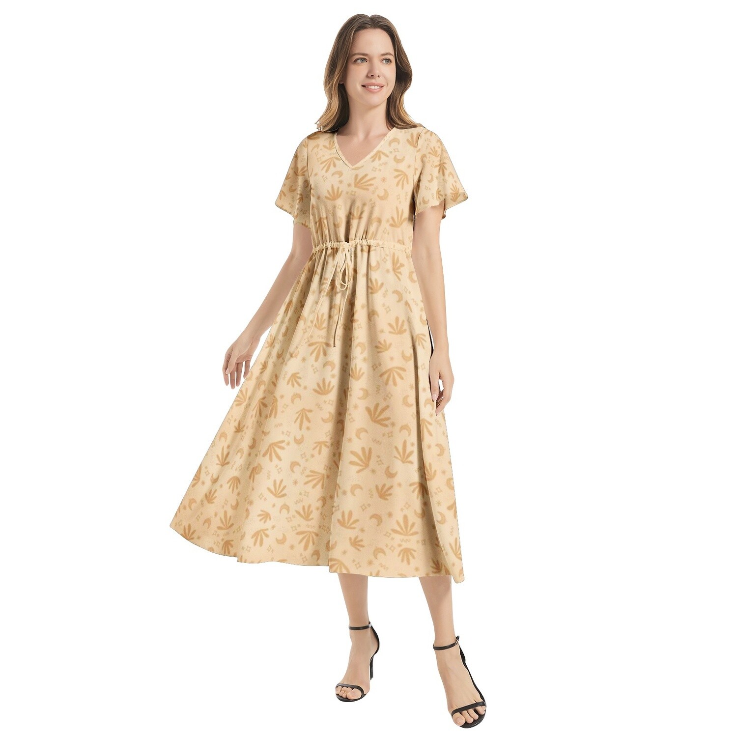 CHELSEA Flutter Sleeve Drawstring Waist Flared Dress, Beige