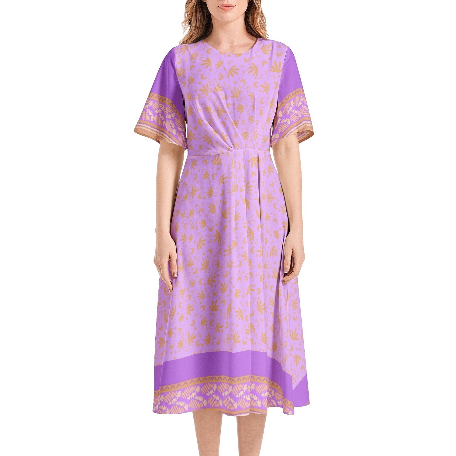 HALLIINE Short Sleeve Waist Fold Midi Dress