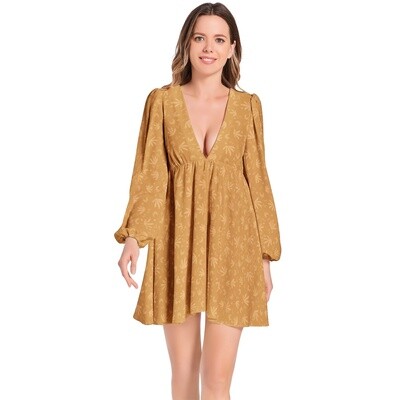 ILSE Lantern Sleeve Deep V-Neck Dress, Camel
