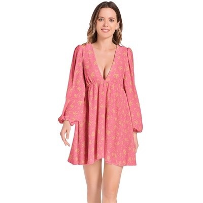 ILSE Lantern Sleeve Deep V-Neck Dress, Deep Pink