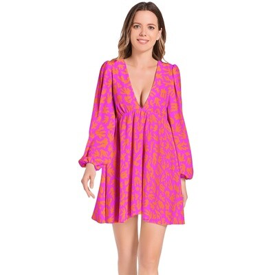 CORAL Lantern Sleeve V-Neck Dress, Orange / Flamingo Pink