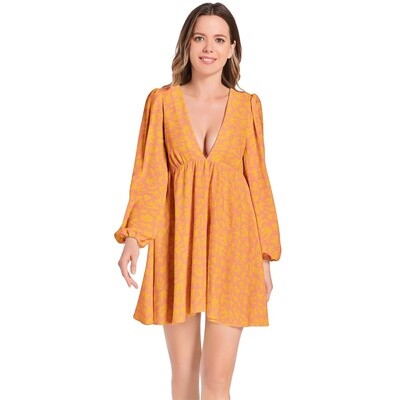 CORAL Lantern Sleeve V-Neck Dress, Orange / Coral