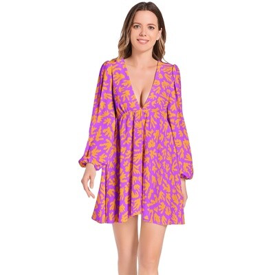 CORAL Lantern Sleeve V-Neck Dress, Orange / Purple
