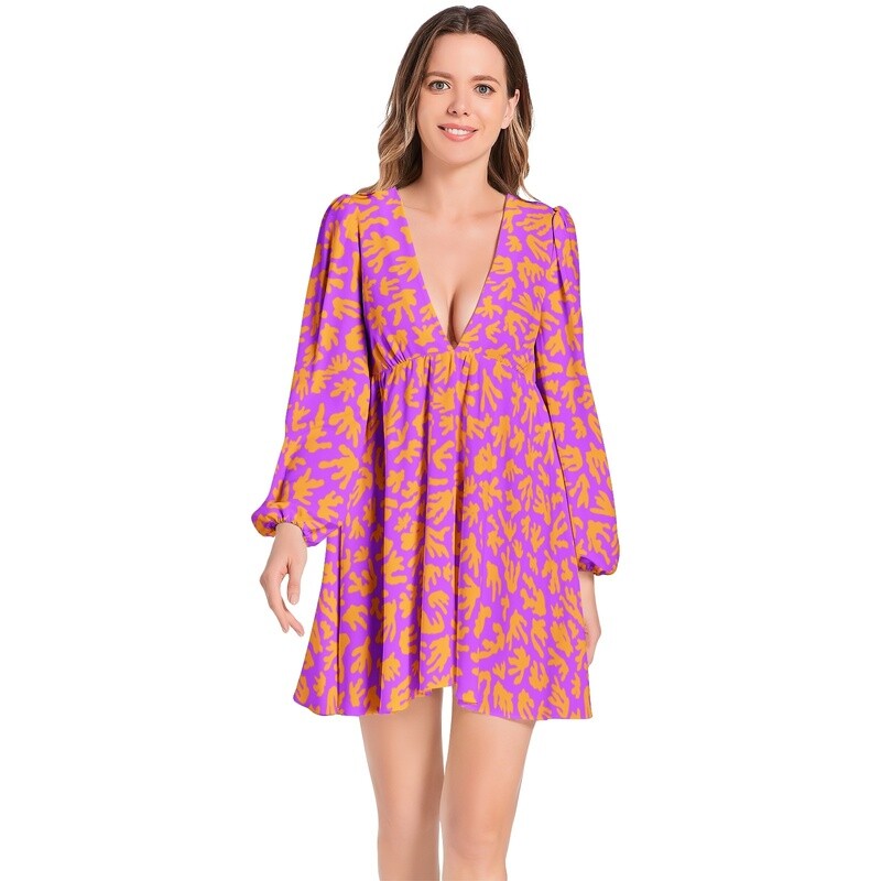 CORAL Lantern Sleeve V-Neck Dress, Orange / Purple