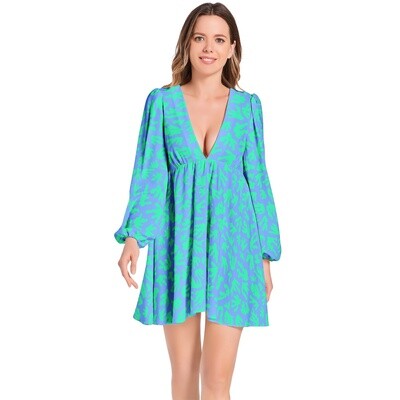 CORAL Lantern Sleeve V-Neck Dress, Mint / Cornflower Blue