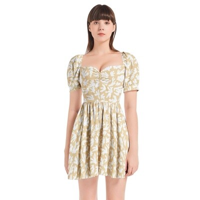 CIKI Puff Sleeve Sweetheart Neck Dress, White / Sun Beige