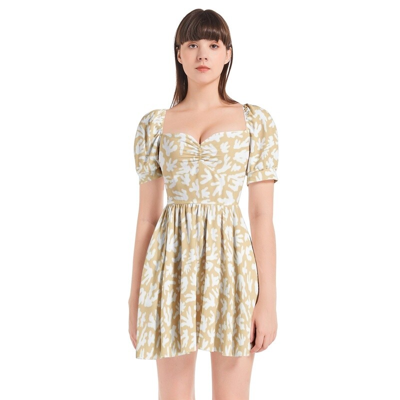 CIKI Puff Sleeve Sweetheart Neck Dress, White / Sun Beige