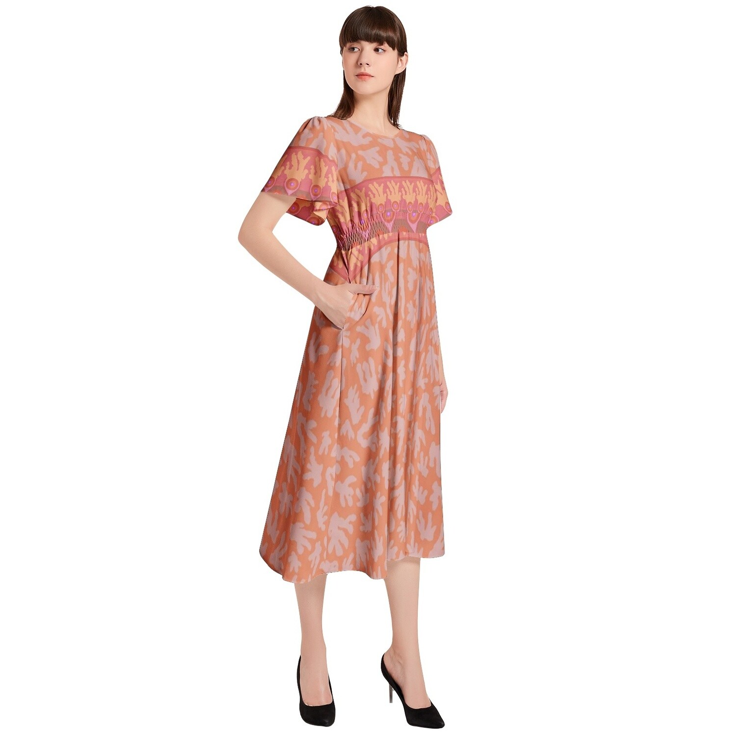 AMALI Shirred Waist Midi Pocket Dress