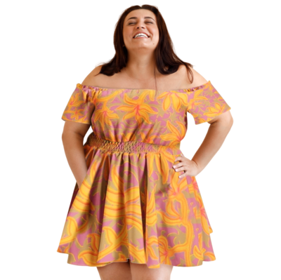 HANNE Off Shoulder Flared Pocket Mini Dress, Hot Purple / Yellow
