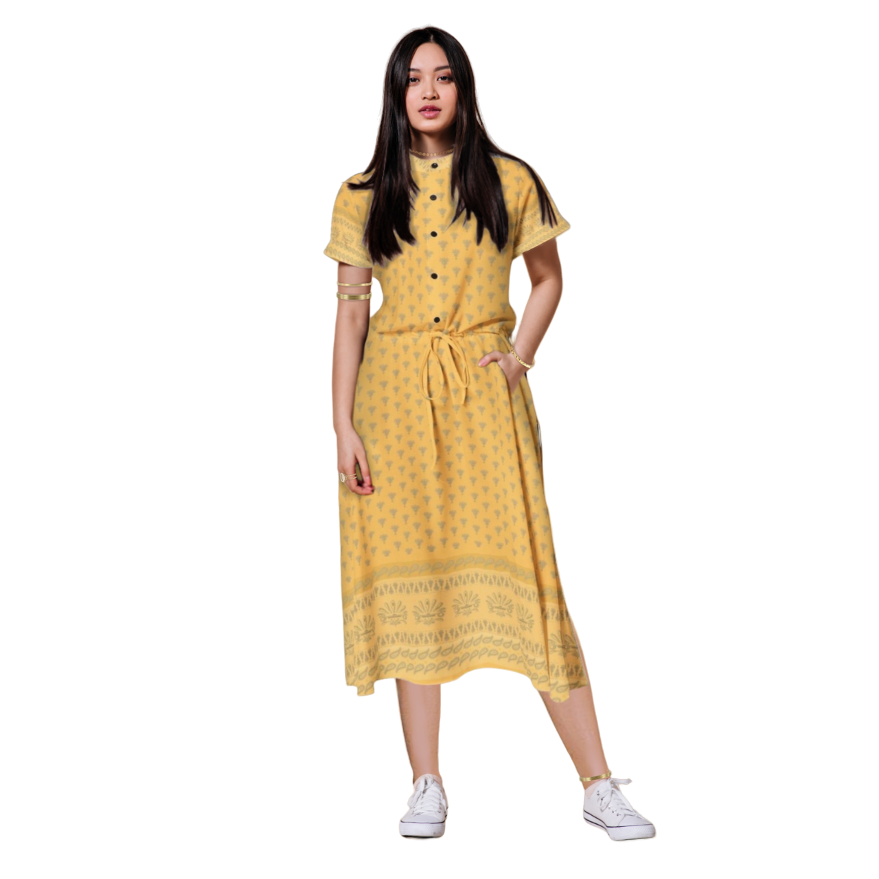 NONI Drawstring Waist A-line Flared Midi Dress, Saphran