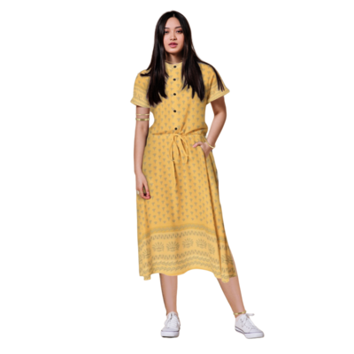 NONI Drawstring Waist A-line Flared Midi Dress, Saphran