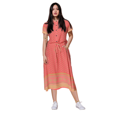 NONI Drawstring Waist A-line Flared Midi Dress, Deep Coral