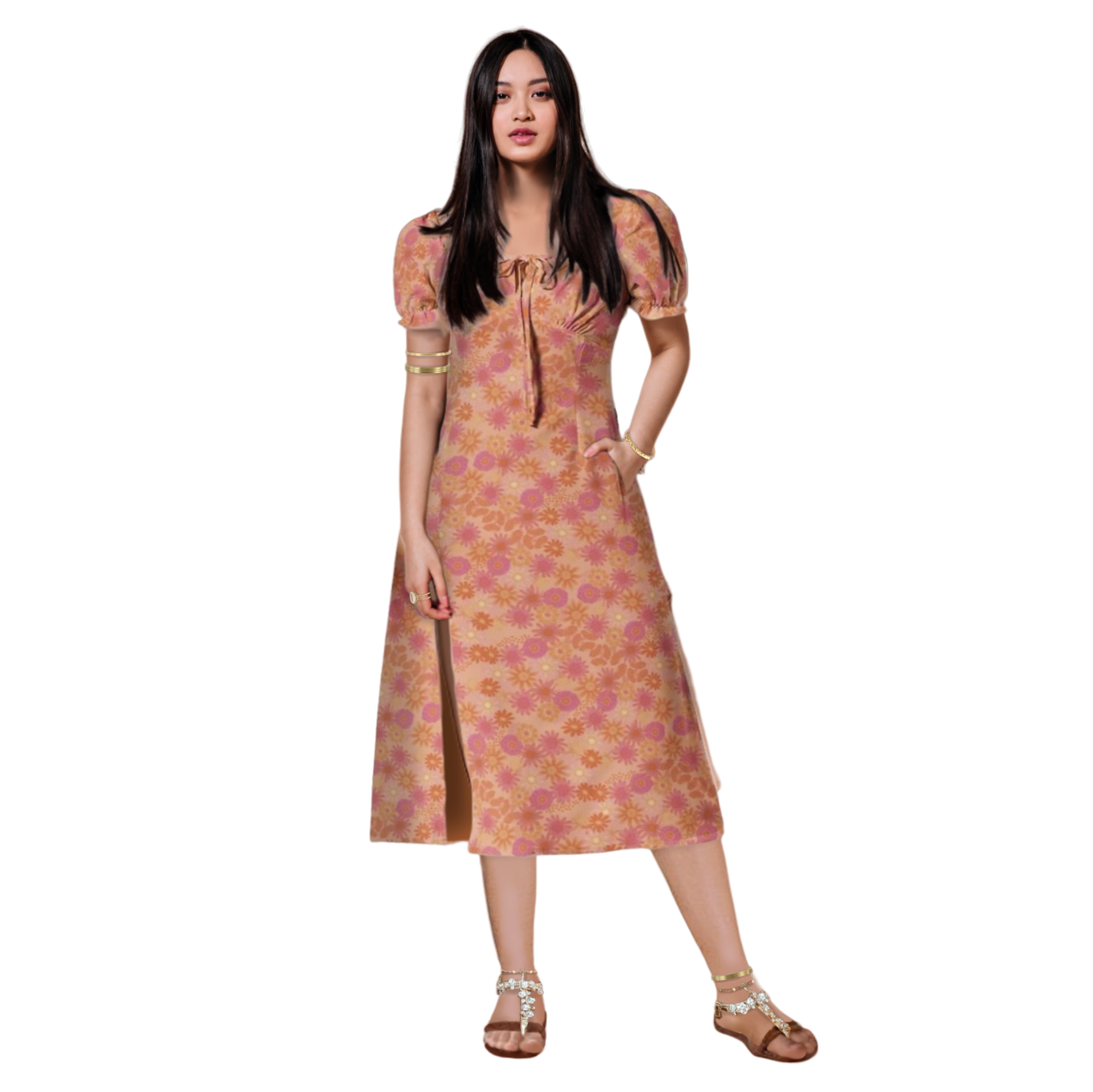 CHAMOMILE Puff Sleeve Split Thigh Midi Dress, Dusty Peach