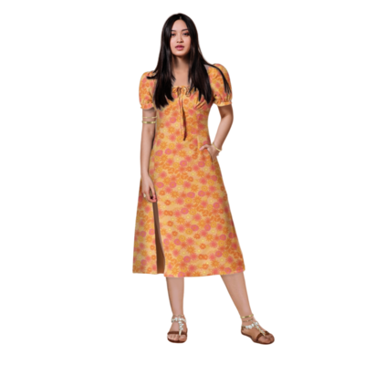 CHAMOMILE Puff Sleeve Split Thigh Midi Dress, Daffodil
