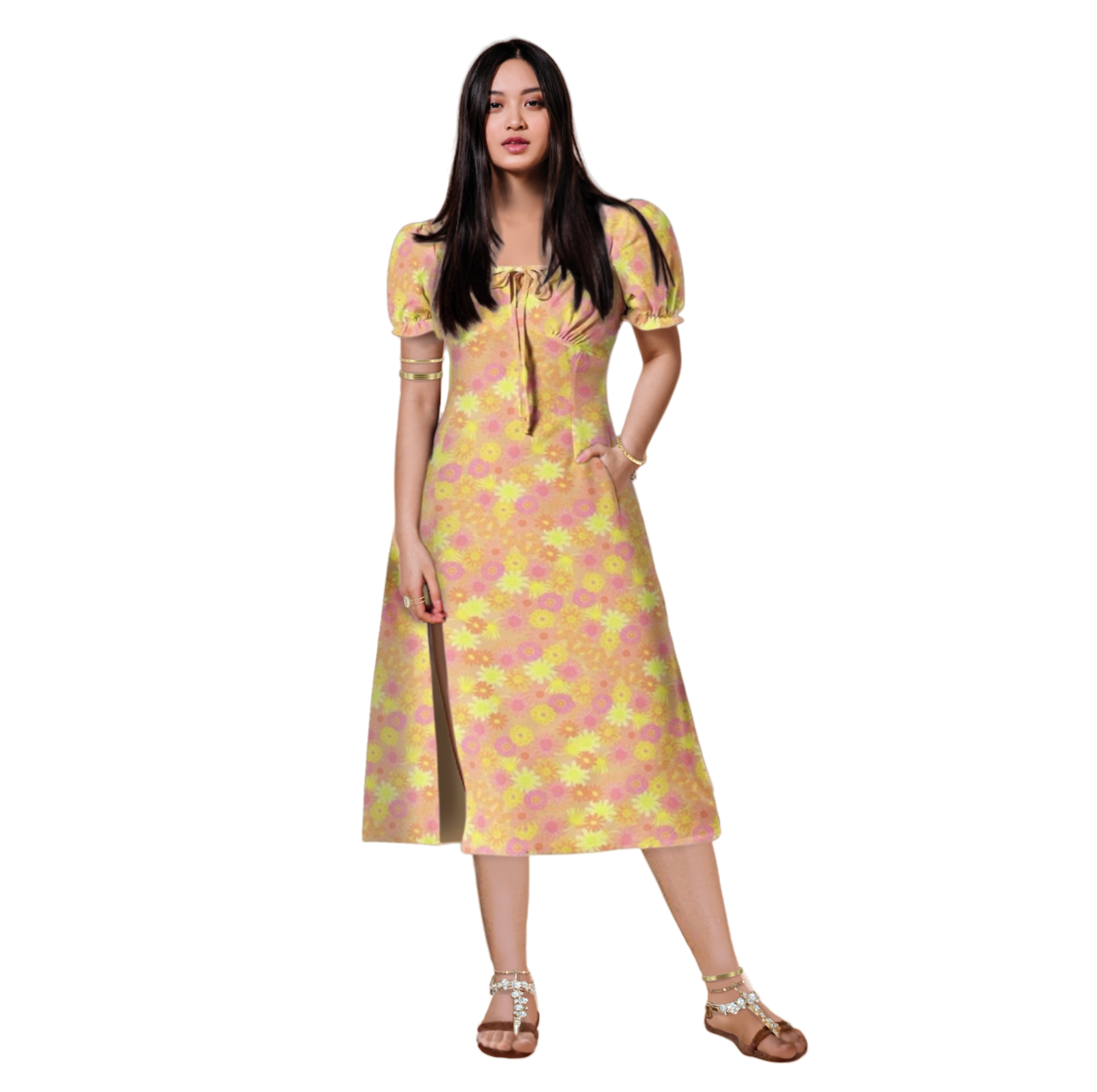 CHAMOMILE Puff Sleeve Split Thigh Midi Dress, Amber