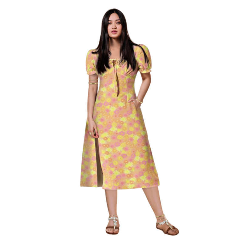 CHAMOMILE Puff Sleeve Split Thigh Midi Dress, Amber