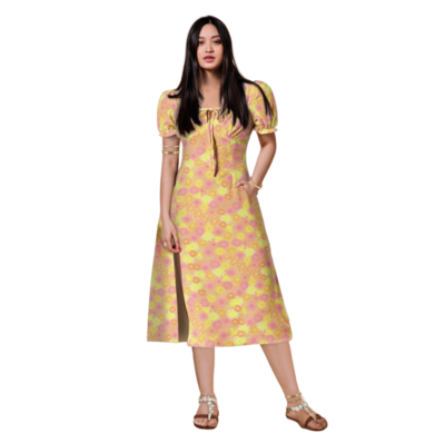 CHAMOMILE Puff Sleeve Split Thigh Midi Dress, Amber