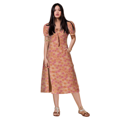 CHAMOMILE Puff Sleeve Split Thigh Midi Dress, Dusty Peach