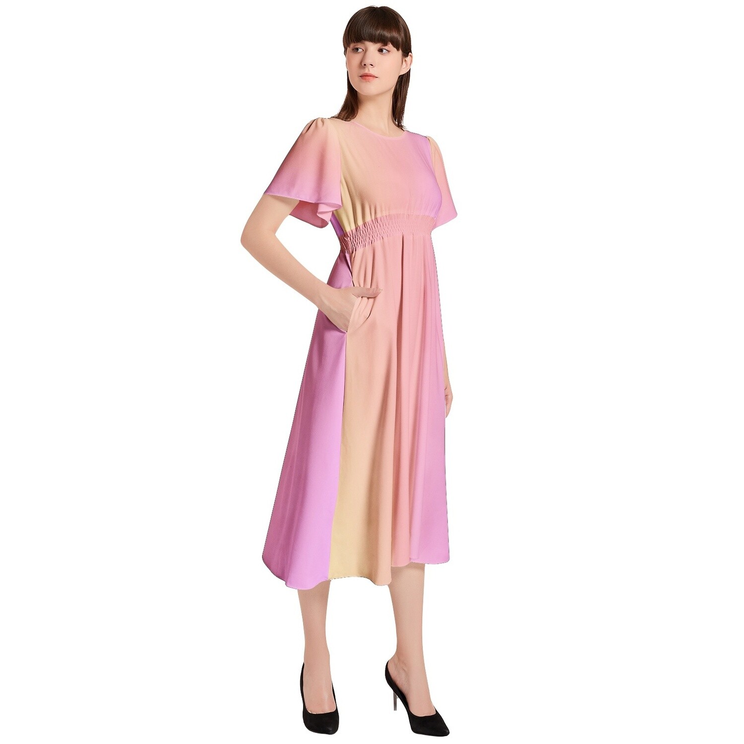 SALLY Short Sleeve Shirred Waist Midi Dress