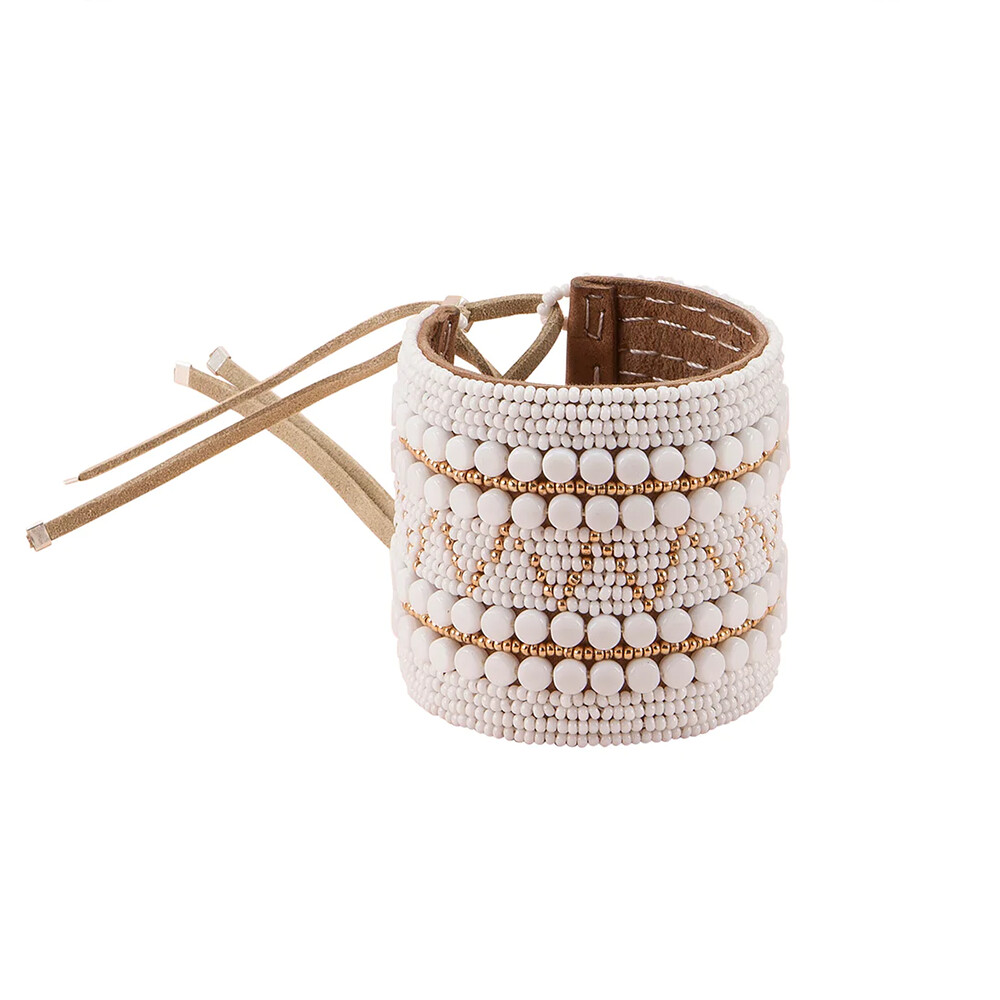 Wide Decorative Leather Bracelet - White &amp; Gold