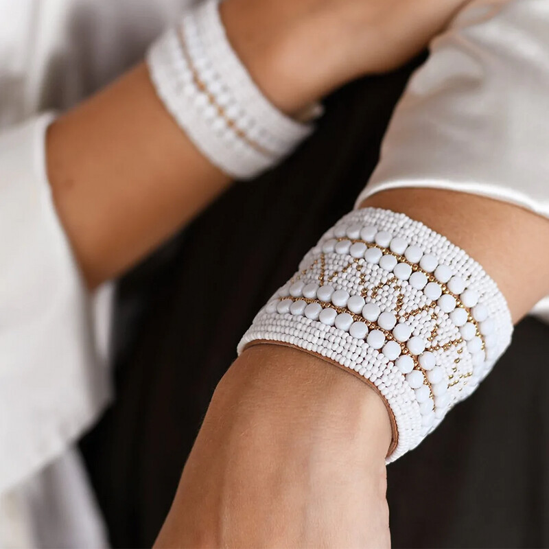 Wide Decorative Leather Bracelet - White &amp; Gold