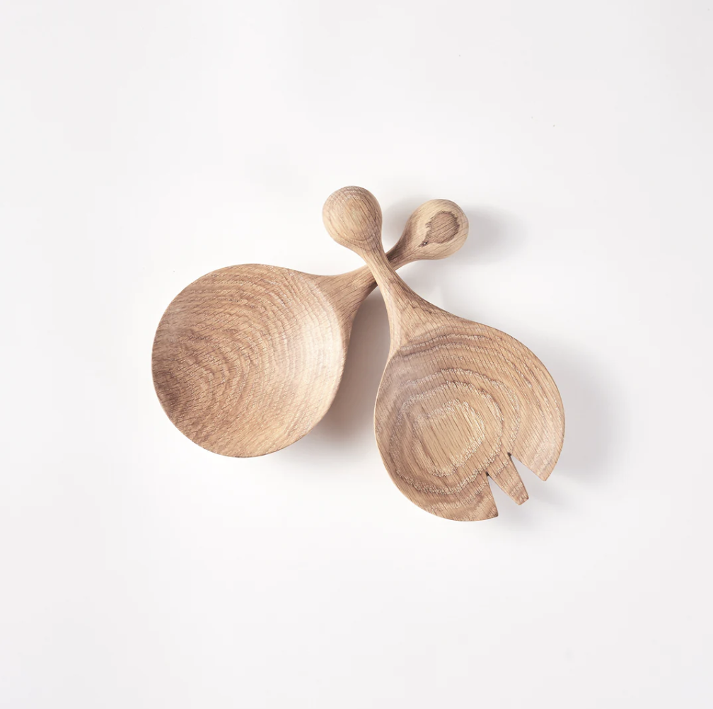 Large Round Salad Servers - Oak