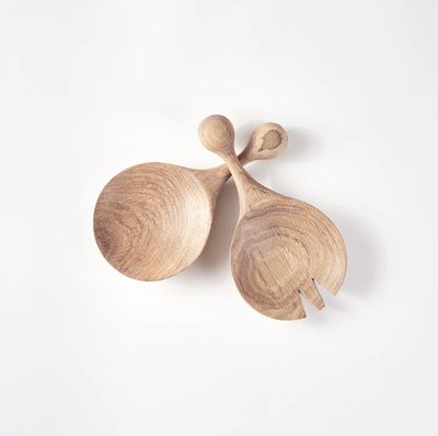 Large Round Salad Servers - Oak