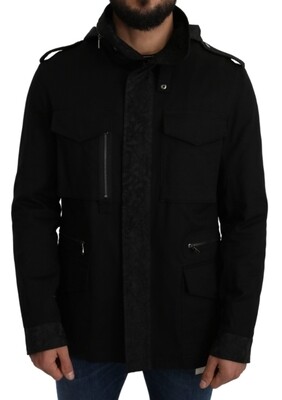 BLACK SOLID JACQUARD COAT HOODED JACKET