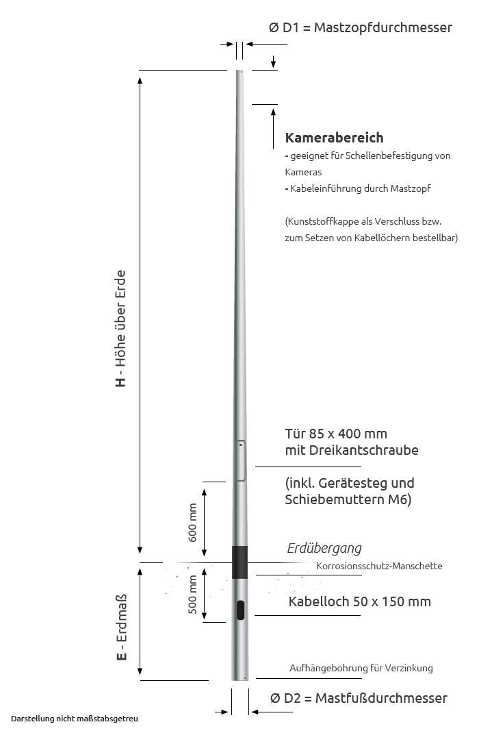 4m Kameramast, konisch Stahl verzinkt, konisch, Zopf 76 mm