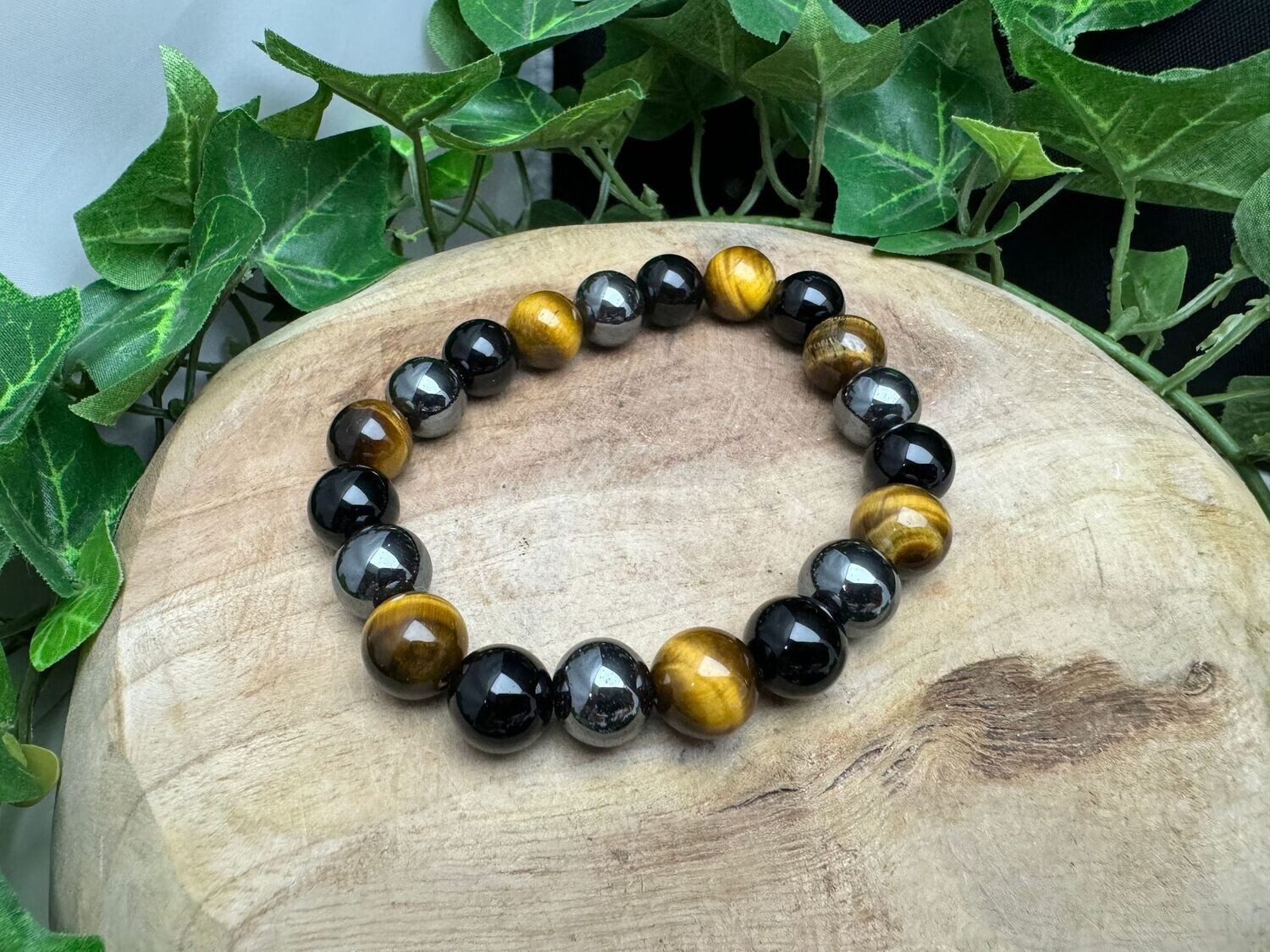 10mm Tijgeroog/Onyx/Hematiet 10mm Tijgeroog/Onyx/Hematiet, Kies uw polsmaat: 18.5 - 19 cm