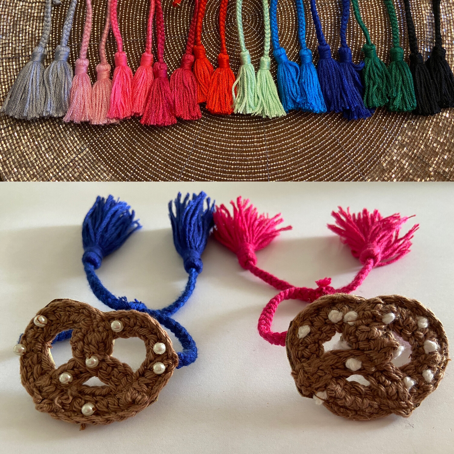 Gehäkeltes Brezen Armband mit Perlen oder Knubel , Einheitgrösse, gehäkelte Armband in 10 verschiedenen Farben 