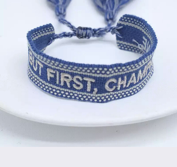 Web-Armband  mit Stickerei „but first Champagner “ dunkles jeansblau