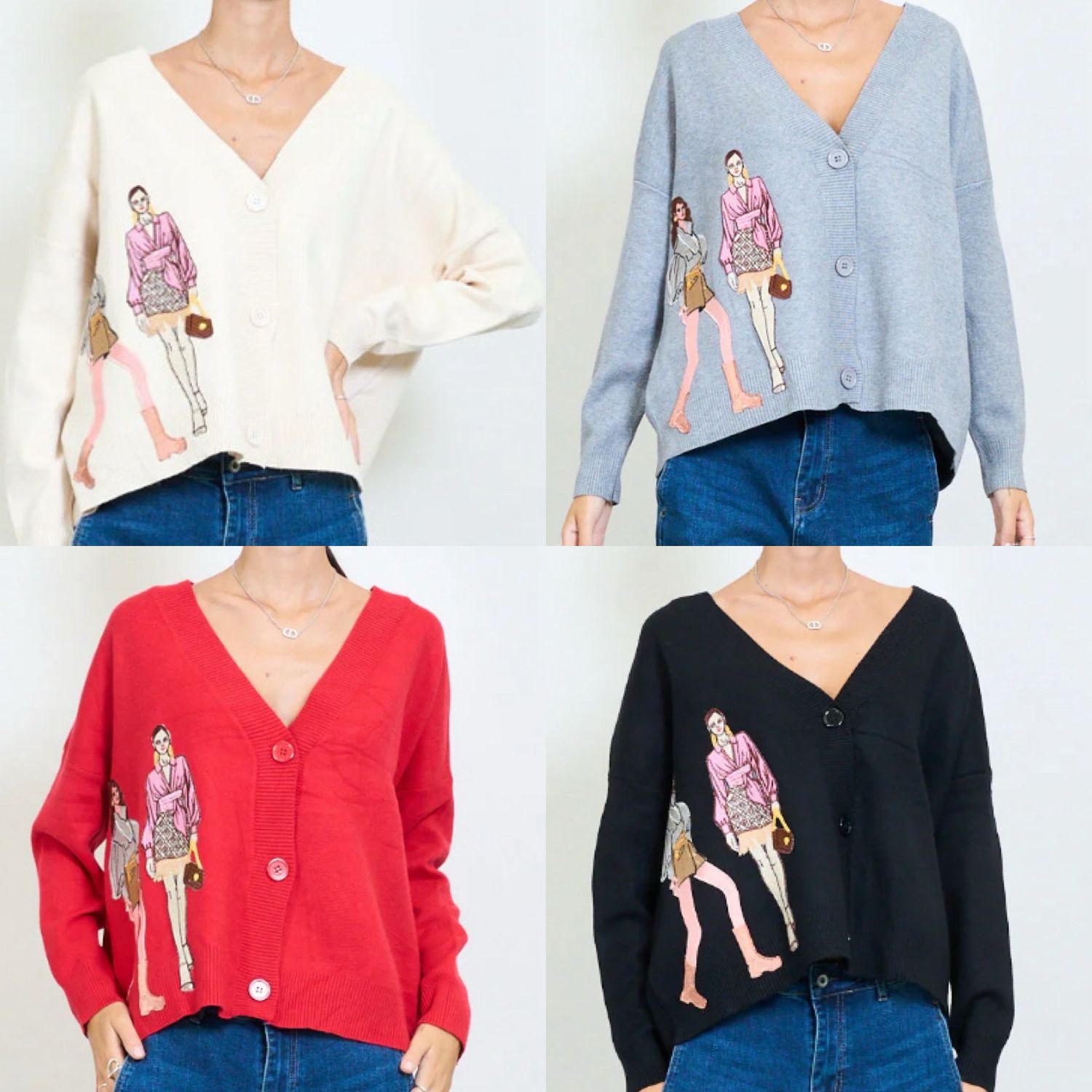  Oversize Strickjacke mit Stickerei in vier Farben