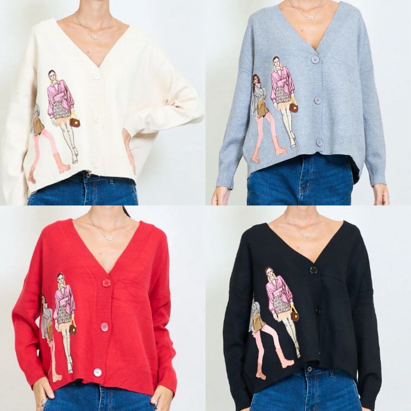  Oversize Strickjacke mit Stickerei in vier Farben