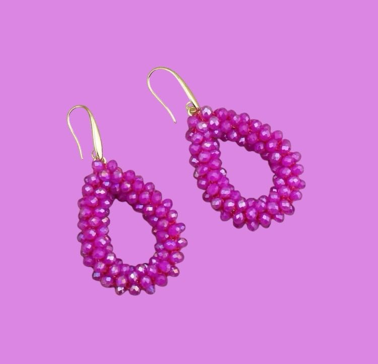 Handgefertigte pink Tropfenform-Glitzer-Ohrringe mit Edelstahl, klein , Ohr-Hänger goldfarbenen 