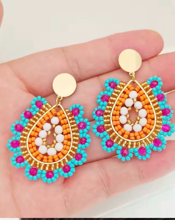 Trendige handgefertigte Bohemian Kristallglas Tropfen Ohrringe in türkis-orange mit Edelstahl-Ohrstecker