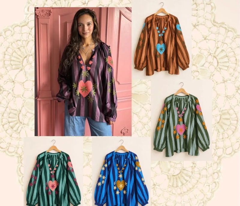 Baumwoll- Bluse bestickt in fünf Farben „Boho Style“ , onesize tragbar von Gr. 36-42