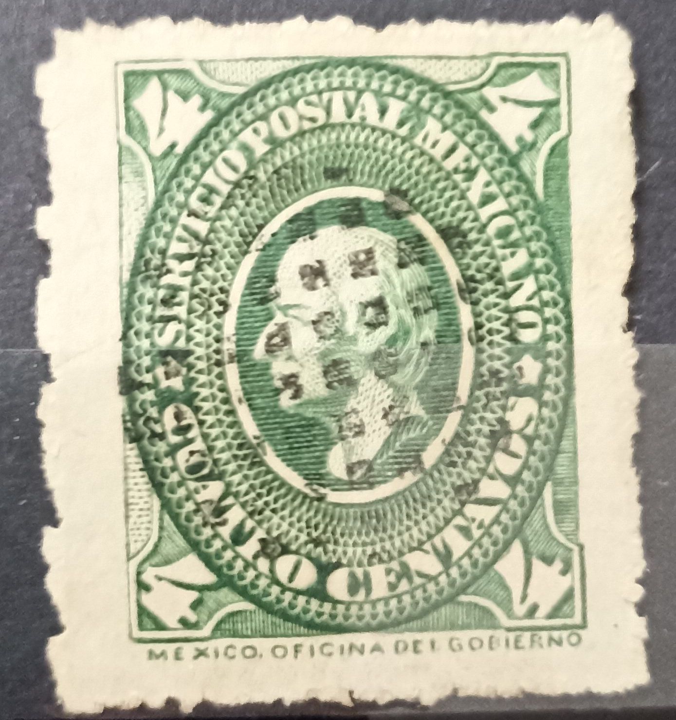 México ~1874-1876 Servicio Postal Mexicano medallón 4 centavos verde