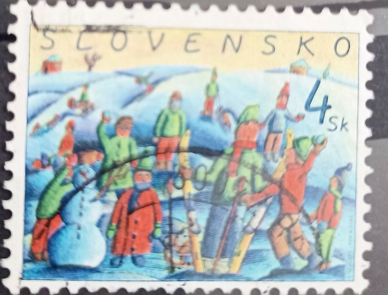 ESLOVAQUIA 1996, Juegos de invierno – niños con muñeco de nieve y esquís 4 Sk