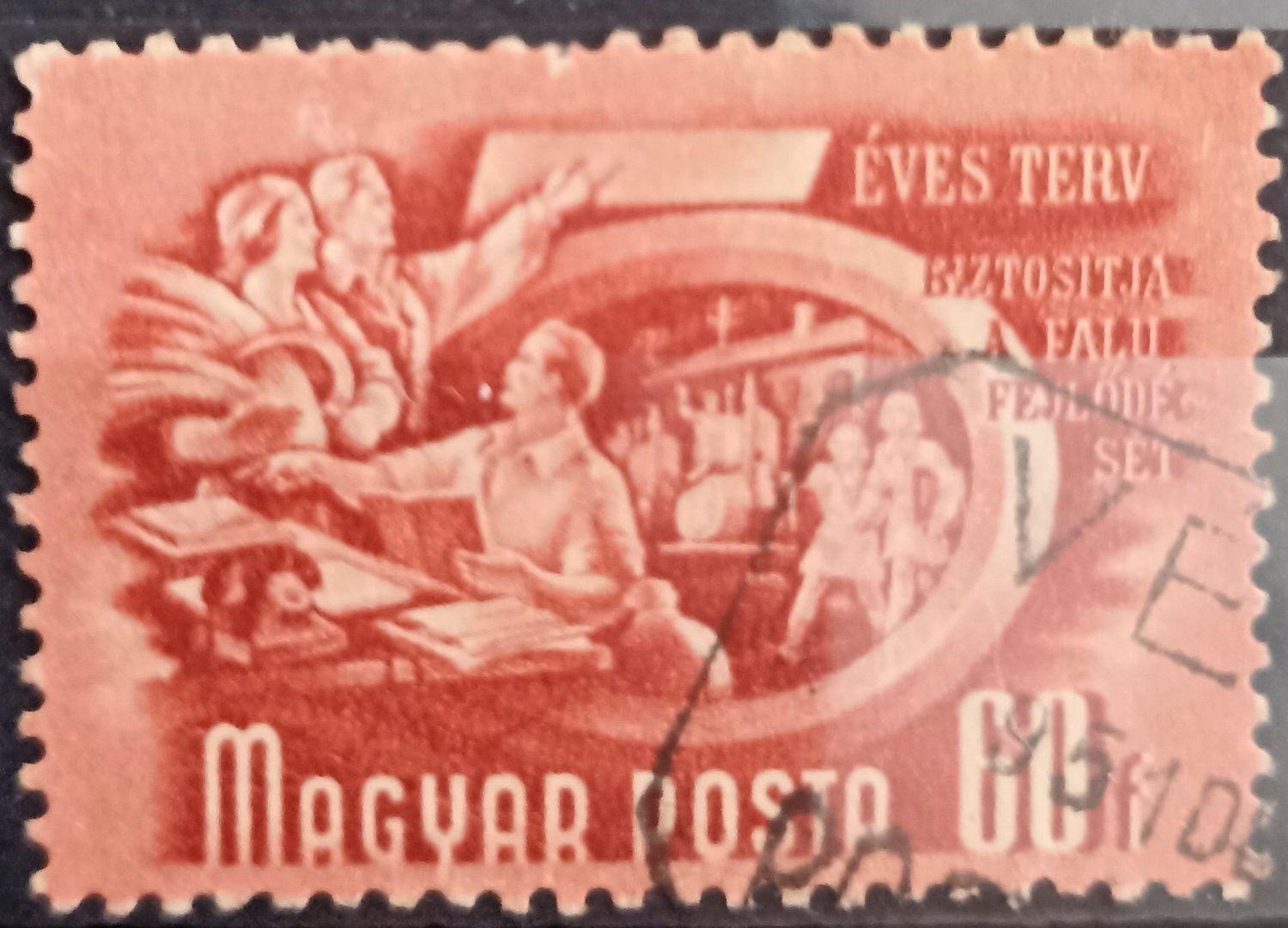 Hungría 1950, Pareja de campesinos señalando futuro - Biztosítja a falu fejlődését
