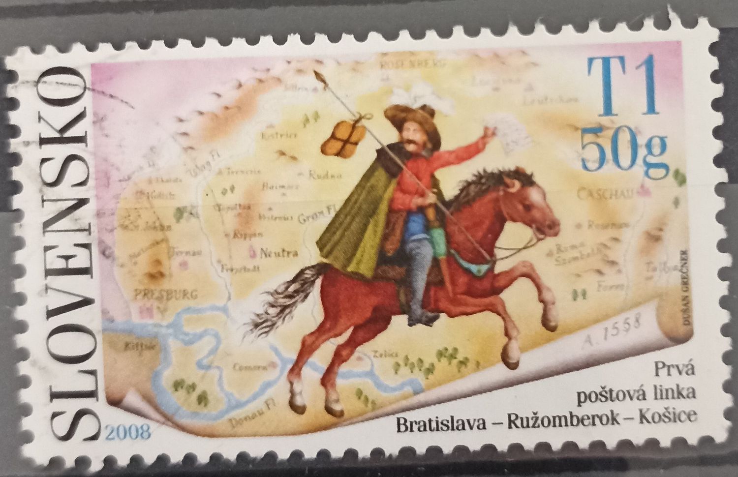 Eslovaquia 2008, Jinete postal a caballo sobre mapa histórico