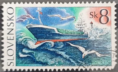 Eslovaquia 1994, Carguero tipo Ryn en mar tormentoso con gaviotas y faro